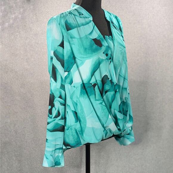 Alfani Floral Crossover Top Green Aqua Black Long Sleeve Roll Tab Size 8 - Picture 13 of 15